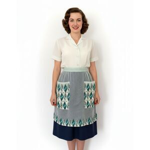 VTG Sweetheart Sheer Organza Mod Sheer Apron Green White Bird Print Geometric